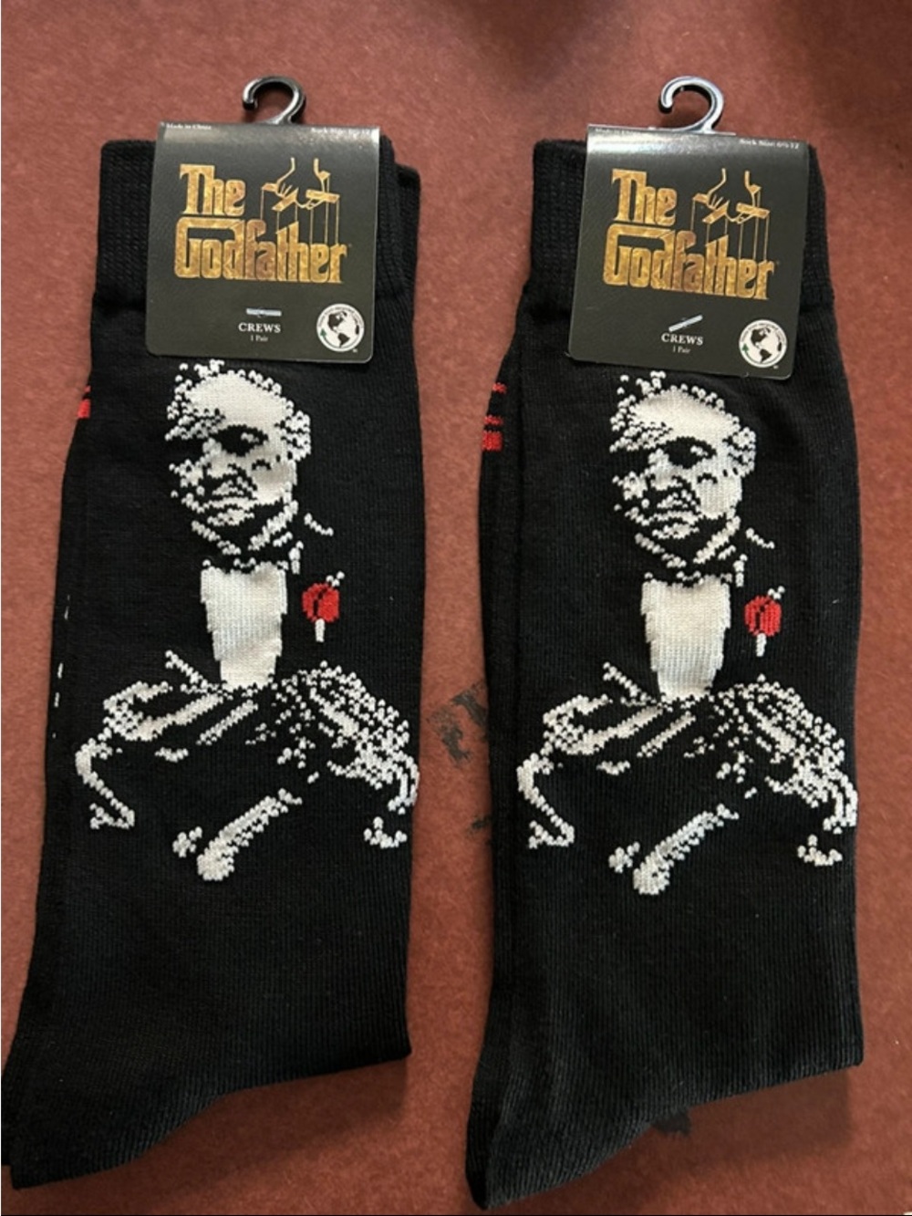 Men's Black Crew Socks with Red Rose Accent set of two